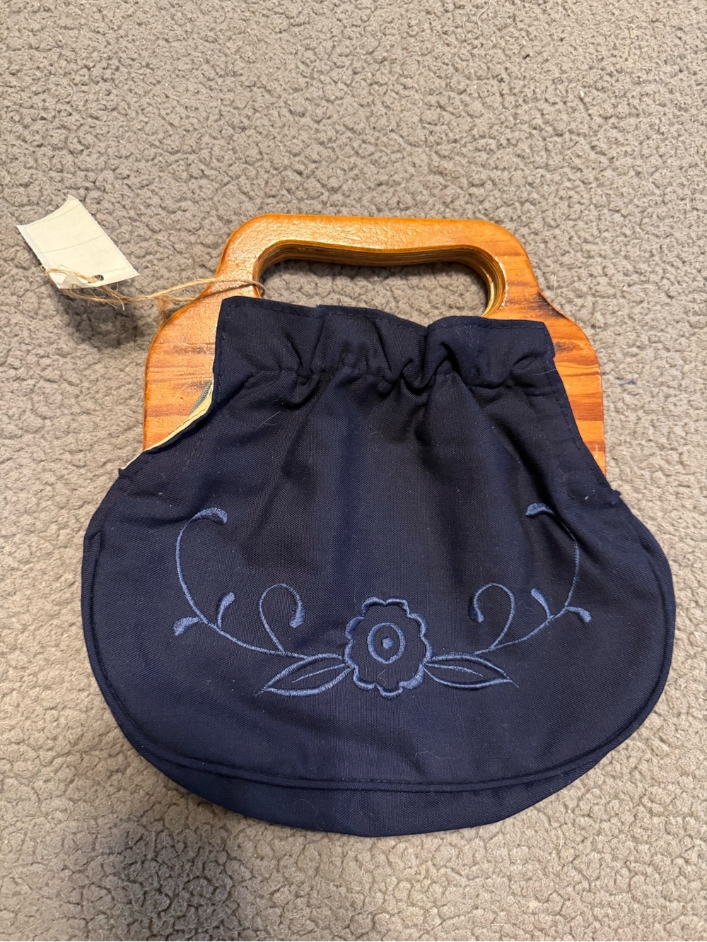 Vintage Navy Floral Embroidered Handbag with Wooden Handles